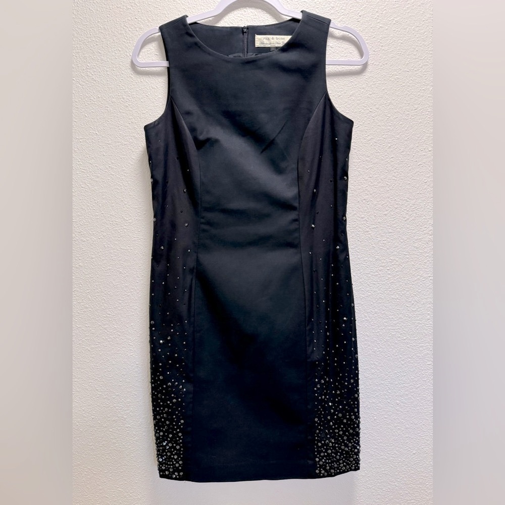 Rag & Bone Midi Dress Black Rhinestone Accents Back Zipper Stretch Black Size 6